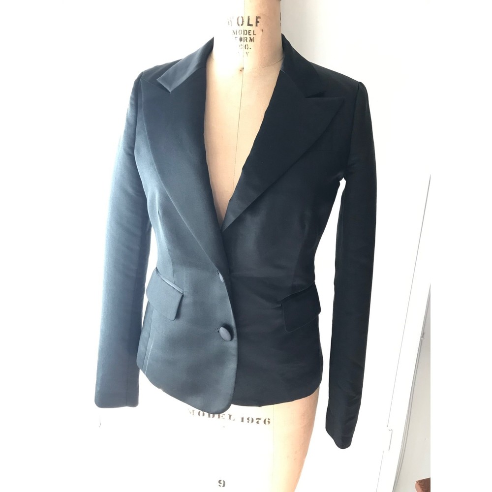 Juicy Couture Black Two Button 100% Silk Tuxedo Fitted Blazer Jacket Size 2